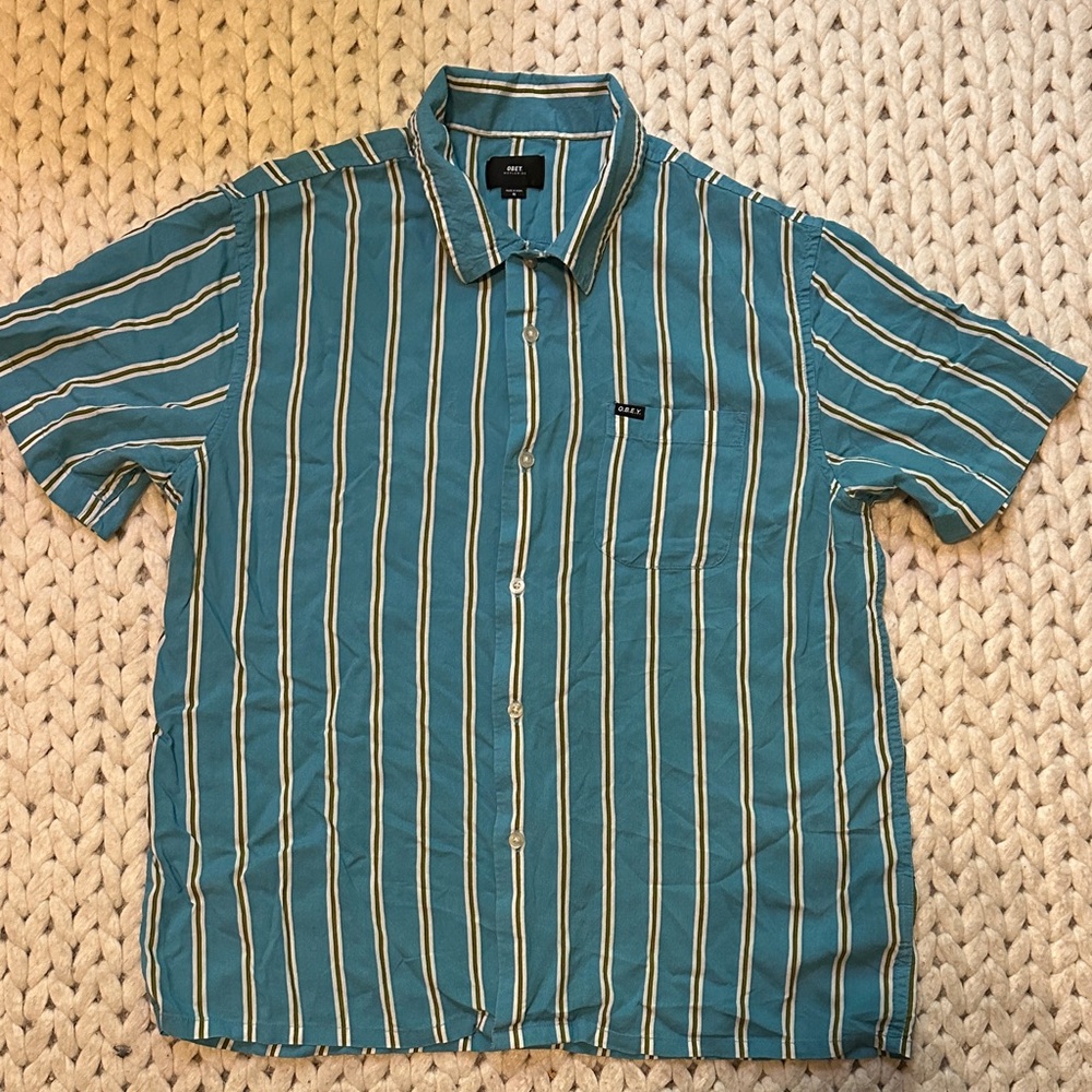 Obey Blue and White Striped Button Down Shirt